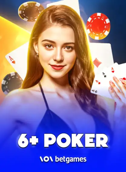 หน้าปกโต๊ะสด 6+ POKER พร้อมภาพดีลเลอร์หญิงชุดสีฟ้า
