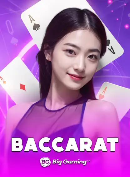 หน้าปกโต๊ะคาสิโนสด BACCARAT ดีลเลอร์หญิงบนพื้นหลังสีม่วงชมพู