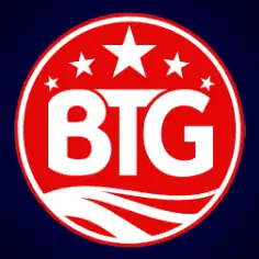 โลโก้วงกลมสีแดง BTG ล้อมกรอบสีขาวและมีรูปดาว