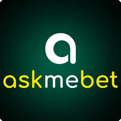 โลโก้ตัวอักษร askmebet สีเหลืองมะนาวบนพื้นสีน้ำเงินเข้ม