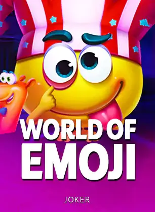 ปกเกมสล็อต World of Emoji แสดงตัวอักษรชื่อเกมสีสด