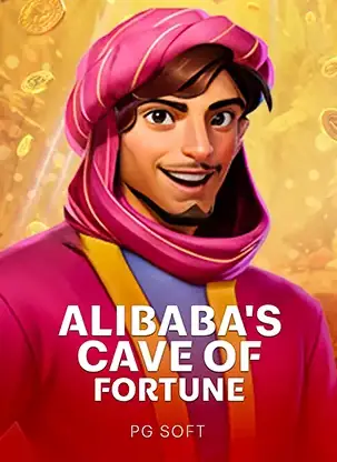 หน้าปกเกมสล็อต Alibaba's Cave of Fortune อักษรสีทอง